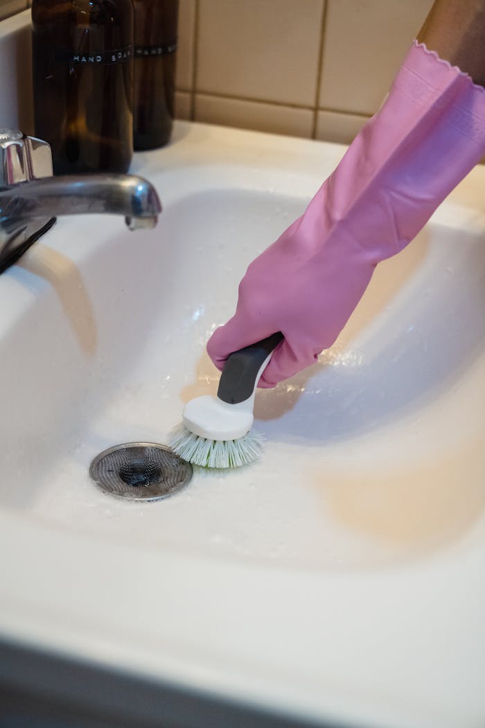 Close-up of a hand in pink gloves cleaning a sink with a brush and faucet visible.